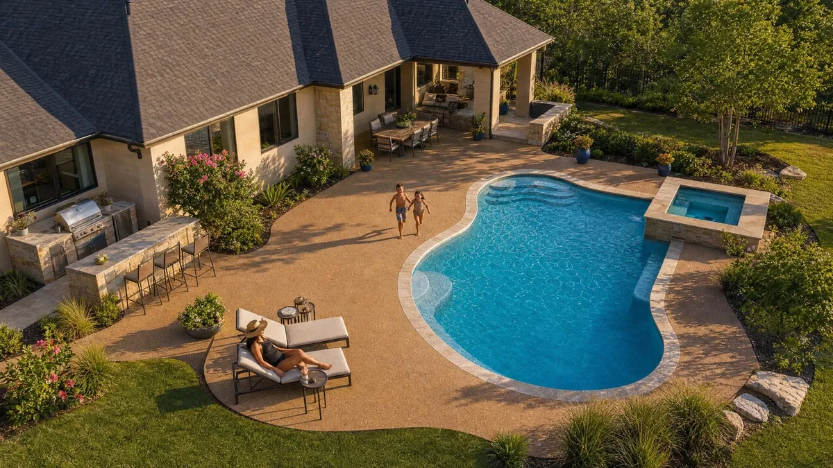 Aerial view of a DFW backyard pool and spa surrounded by tan TPV rubber deck surfacing