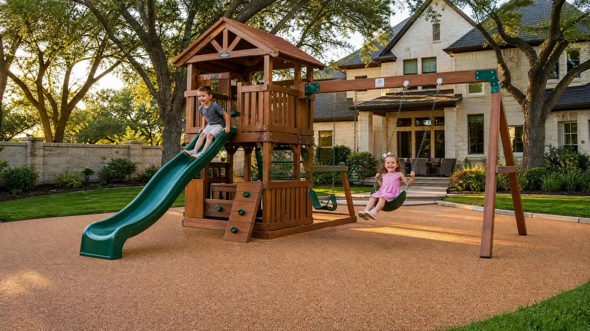 Children playing on a backyard swing set and slide over poured-in-place rubber safety surfacing