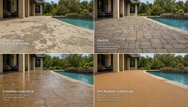 Four-panel comparison of Kool Deck acrylic coating, pavers, stamped concrete, and TPV rubber surfacing around the same pool