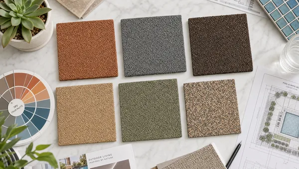 TPV rubber color sample tiles laid out with a designer color palette and pool deck plans