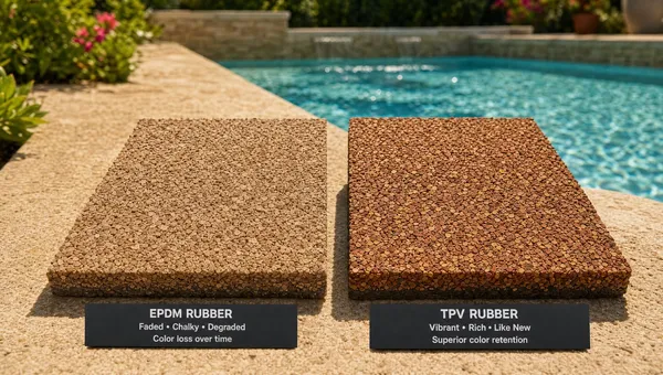 Side-by-side rubber surfacing samples beside a pool deck