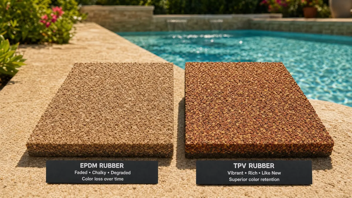 Side-by-side rubber surfacing samples beside a pool deck